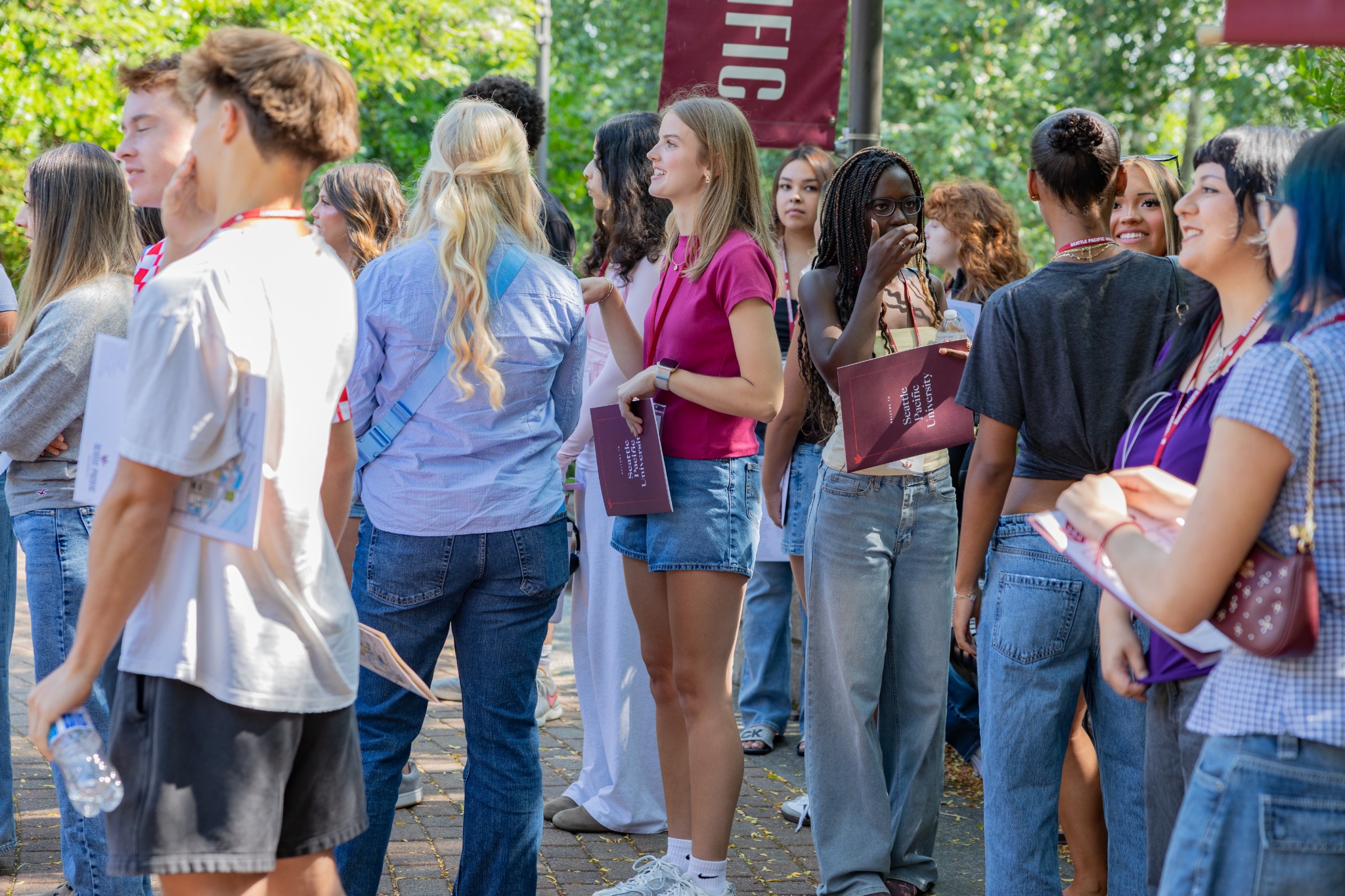 Students gathering together during a visit to Seattle Pacific University